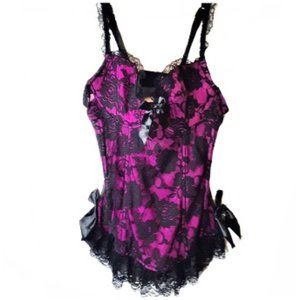 Vintage Purple & Black Lace Boned Parlor Corset Bustier w/ Lace Skirting Sz L.